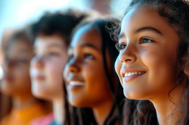 four young people smiling and looking ahead