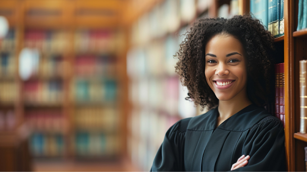 smiling young woman standing next to library shelves